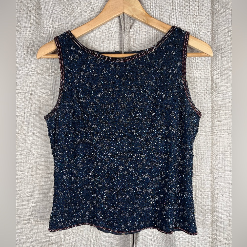 ADRIANNA PAPELL Occasions Sleeveless Top Navy Beaded 100% Silk Sz 6 Evening